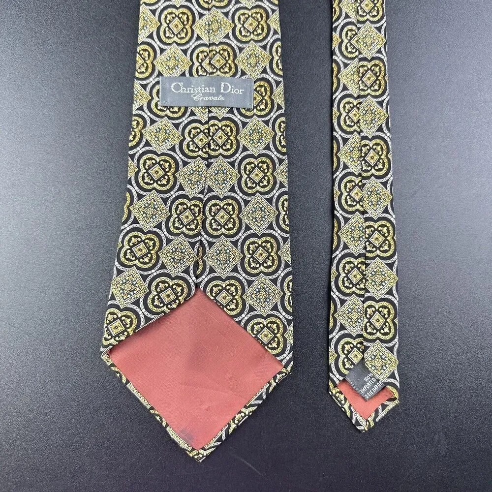 Christian Dior Silk Neck Tie Men Geometric Medallion Black Yellow Made in Canada